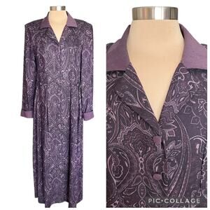 VTG Plaza South Purple Dark Paisley Midi Shirt Dress Size 12 Prairie Cottage